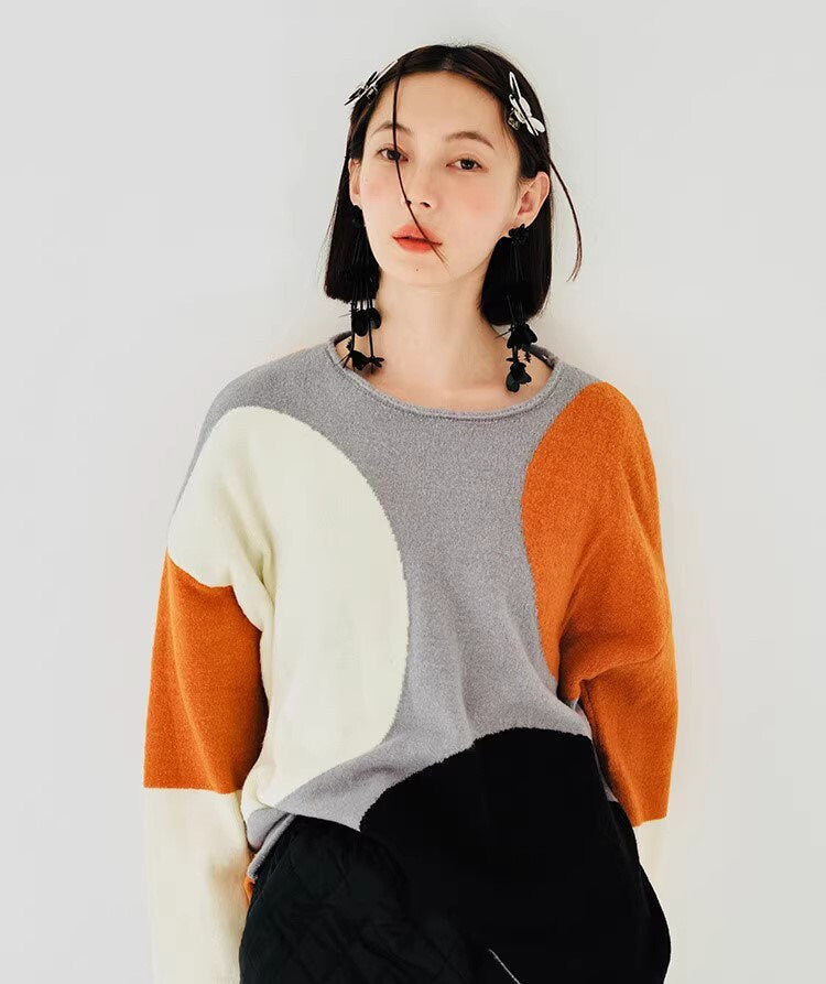 Colorful Big Circles Pattern Sweater, designer woman trendy loose fit sweater fall winter smart casual sweatshirt office knitted wear