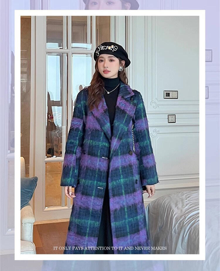 Double-breasted checkered trench coat, wool-blend tweed long coat designer winter falls coat formal smart casual office coat outdoors duster