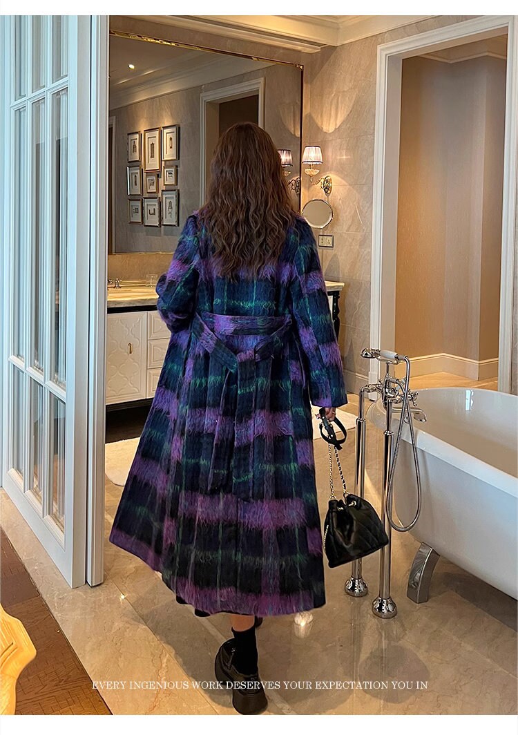 Double-breasted checkered trench coat, wool-blend tweed long coat designer winter falls coat formal smart casual office coat outdoors duster