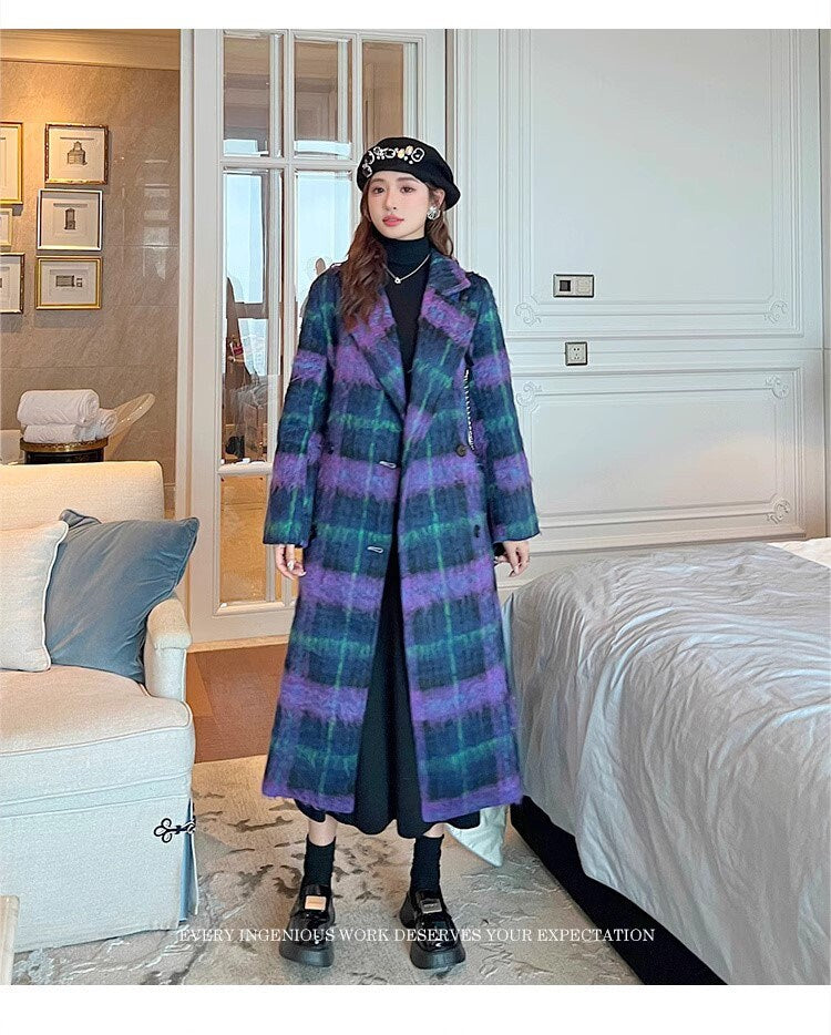 Double-breasted checkered trench coat, wool-blend tweed long coat designer winter falls coat formal smart casual office coat outdoors duster