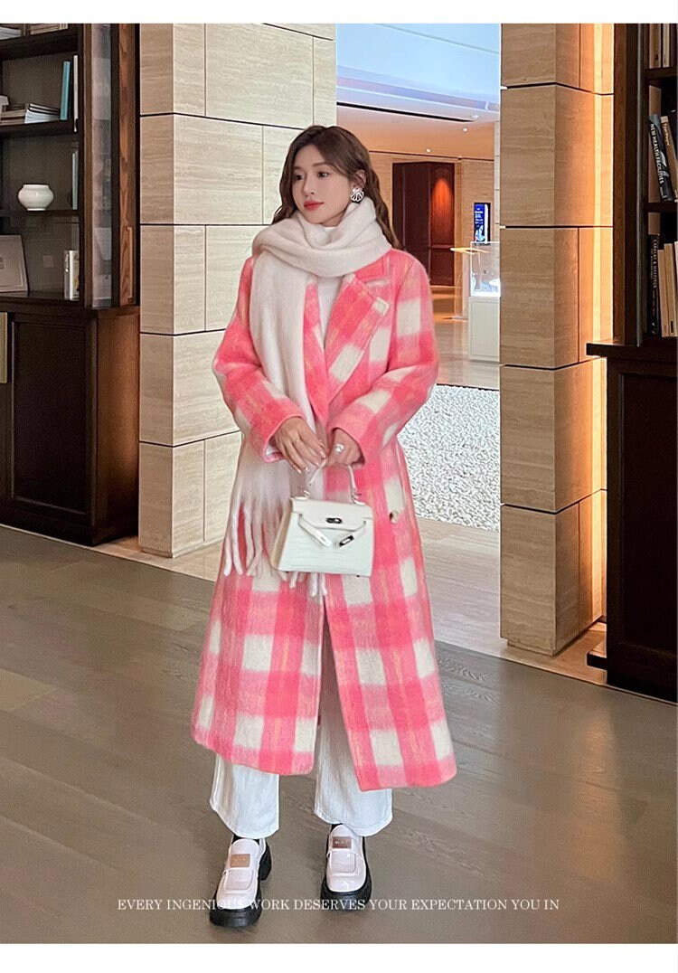 Double-breasted checkered trench coat, wool-blend tweed long coat designer winter falls formal smart casual office pink coat outdoors duster