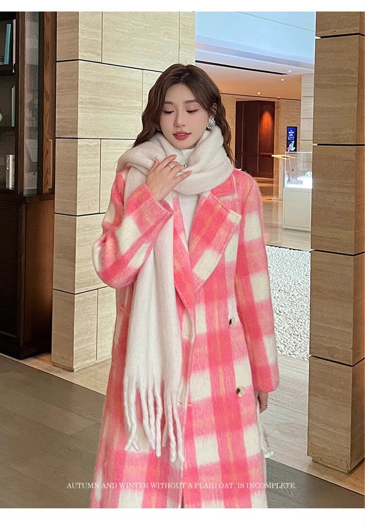 Double-breasted checkered trench coat, wool-blend tweed long coat designer winter falls formal smart casual office pink coat outdoors duster