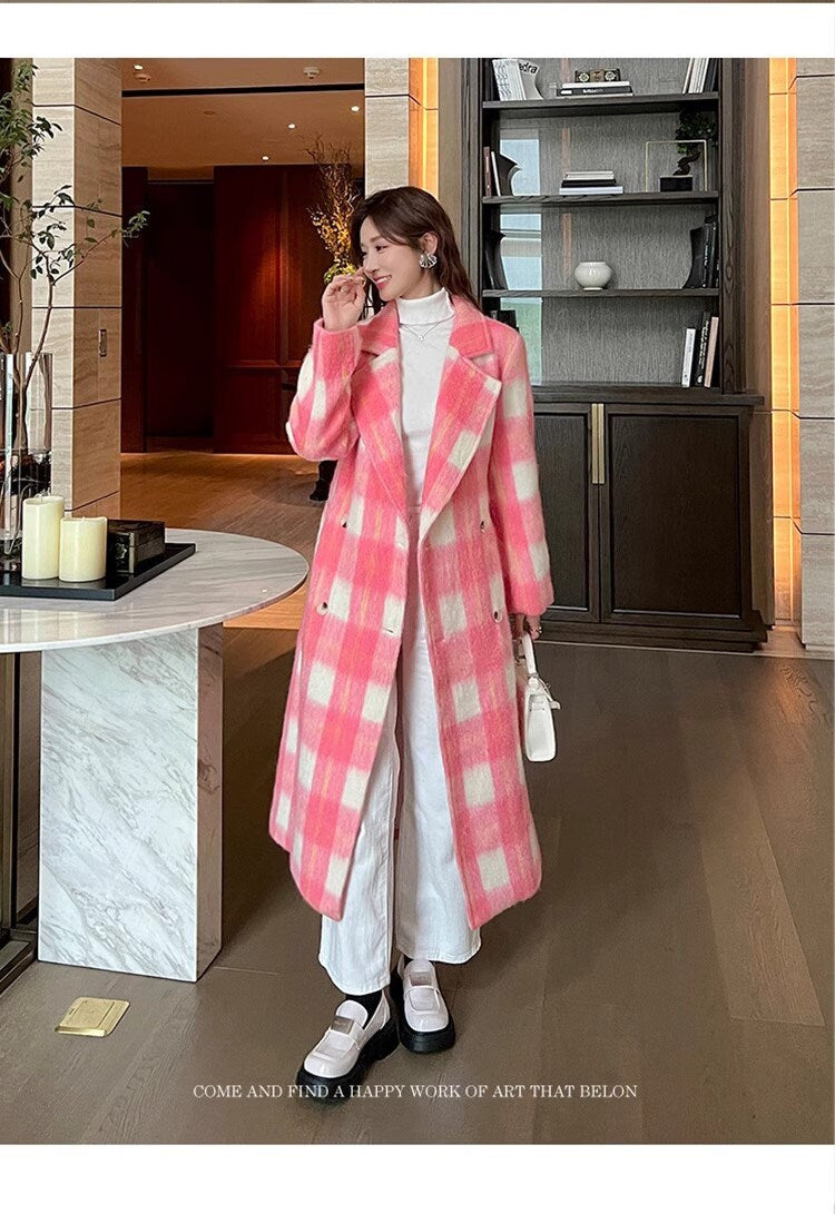 Double-breasted checkered trench coat, wool-blend tweed long coat designer winter falls formal smart casual office pink coat outdoors duster