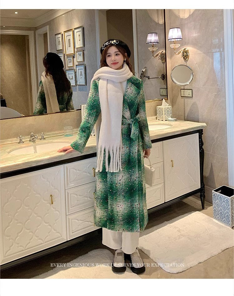 Double-breasted checkered trench coat wool-blend tweed long coat designer winter falls green coat formal smart casual office outdoors duster