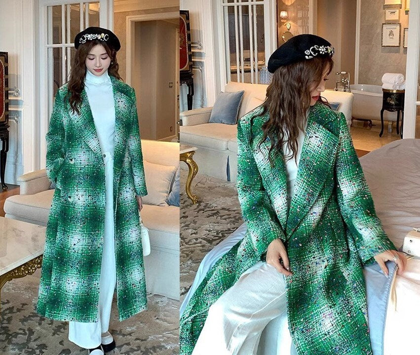 Double-breasted checkered trench coat wool-blend tweed long coat designer winter falls green coat formal smart casual office outdoors duster