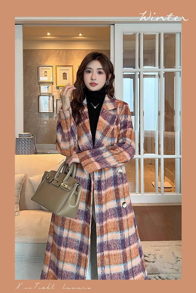 Double-breasted checkered trench coat, wool-blend tweed long coat designer winter falls coat formal smart casual office coat outdoors duster