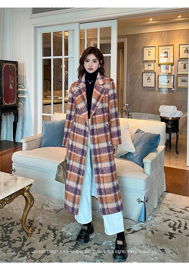 Double-breasted checkered trench coat, wool-blend tweed long coat designer winter falls coat formal smart casual office coat outdoors duster