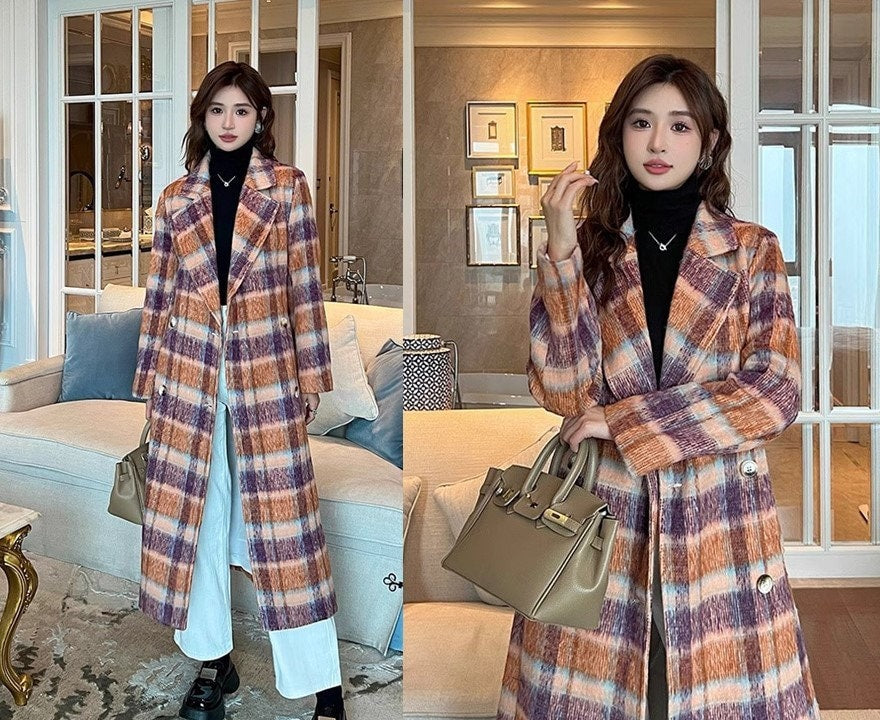 Double-breasted checkered trench coat, wool-blend tweed long coat designer winter falls coat formal smart casual office coat outdoors duster