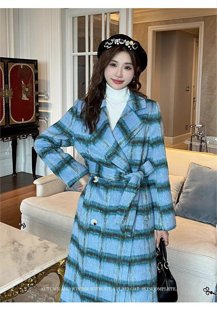 Double-breasted checkered trench coat, wool-blend tweed long coat designer winter falls blue coat formal smart casual office outdoors duster