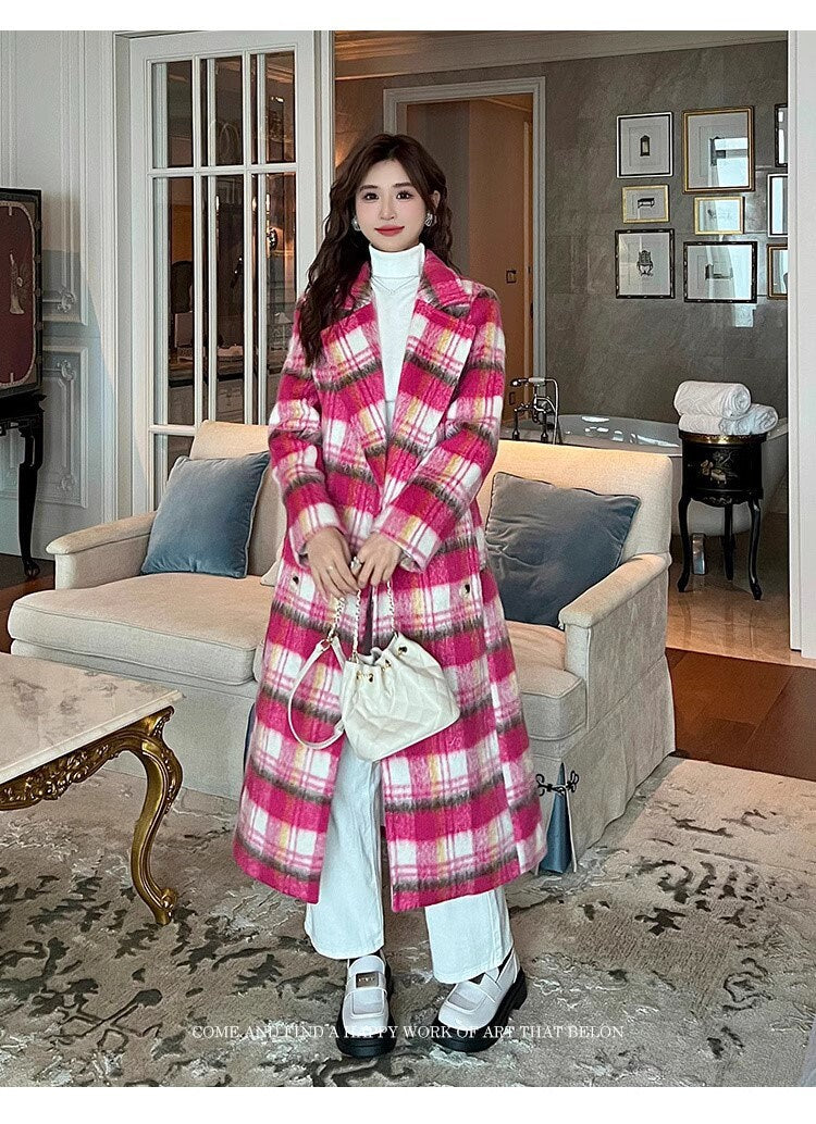 Double-breasted checkered trench coat, wool-blend tweed long coat designer winter falls coat formal smart casual office coat outdoors duster