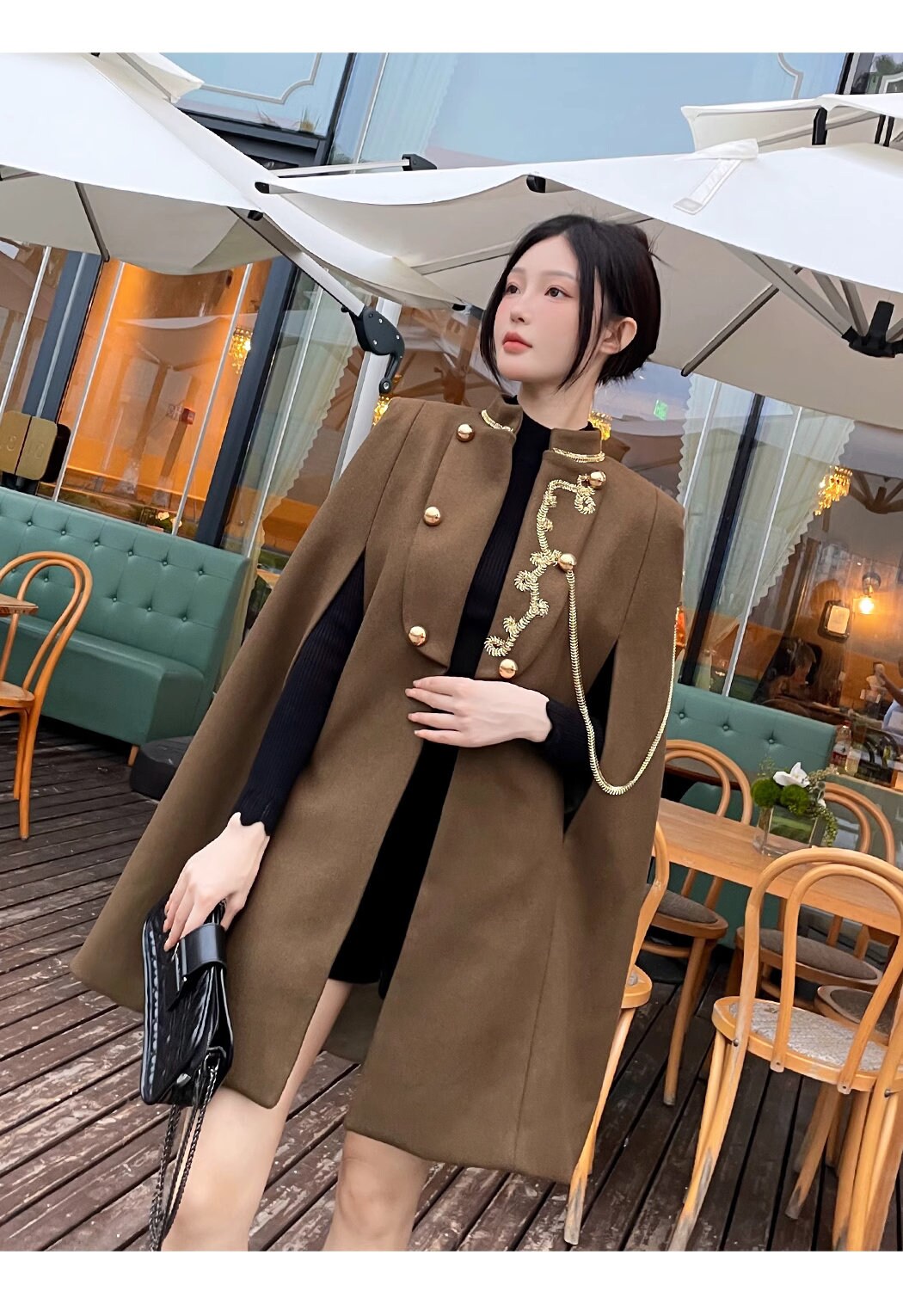 Brown thick version cape coat with golden decorations, designer woman long coat smart casual formal England style Christmas wedding prom