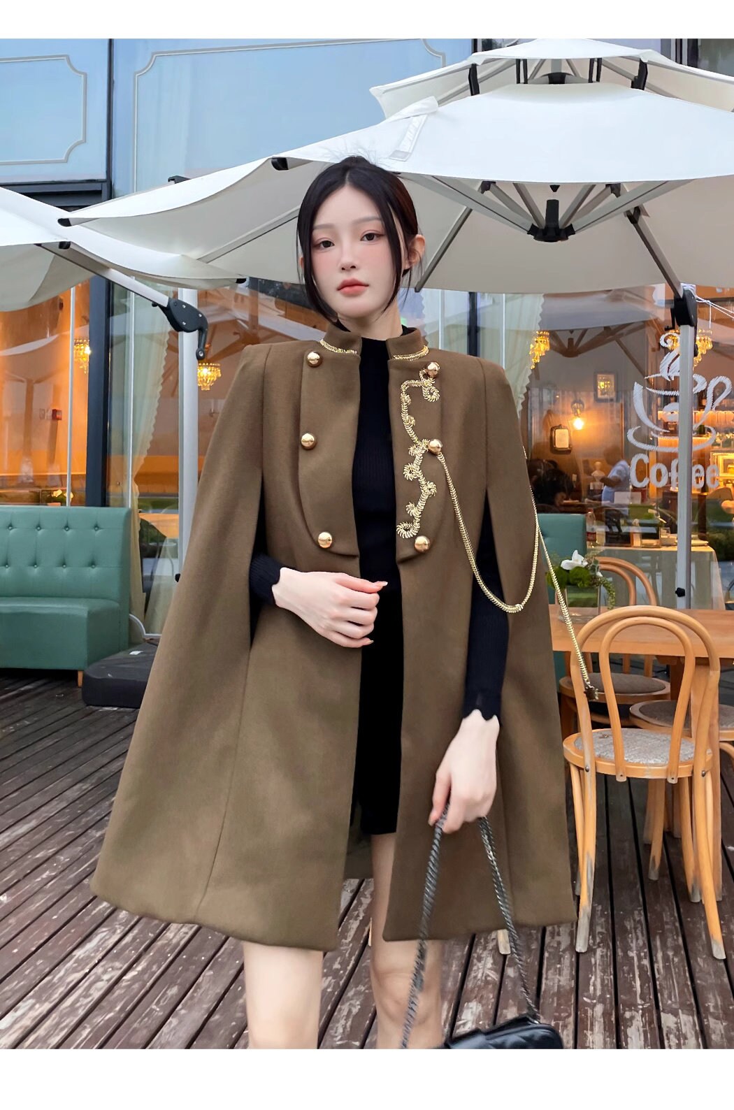 Brown thick version cape coat with golden decorations, designer woman long coat smart casual formal England style Christmas wedding prom