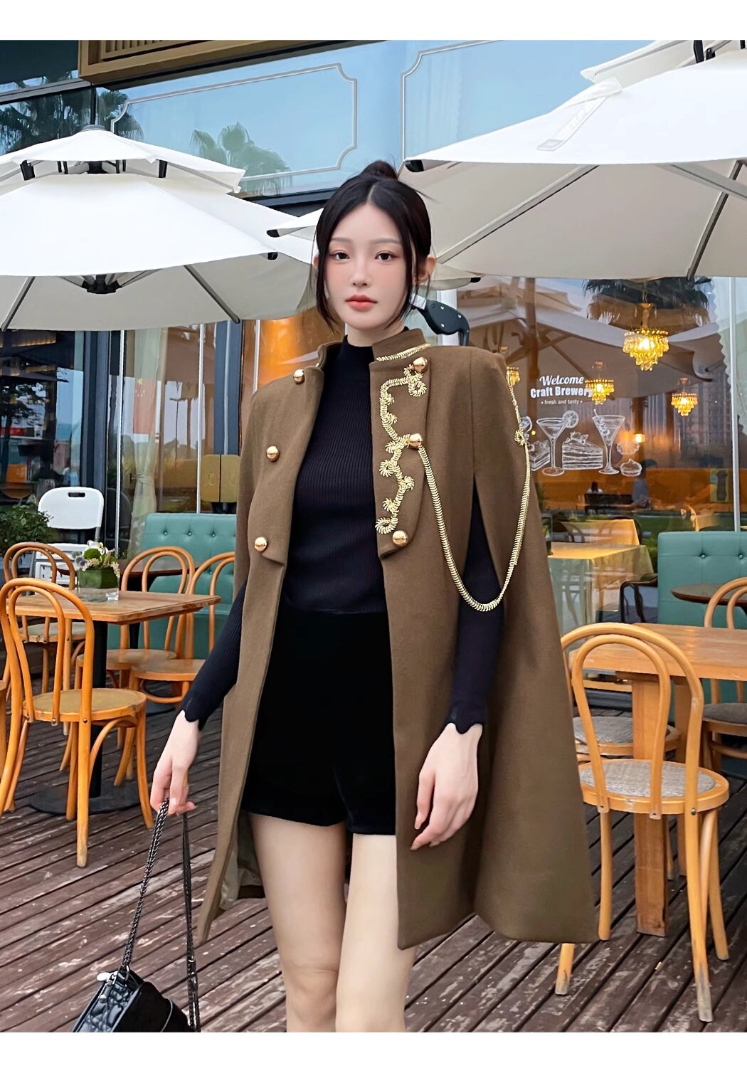 Brown thick version cape coat with golden decorations, designer woman long coat smart casual formal England style Christmas wedding prom