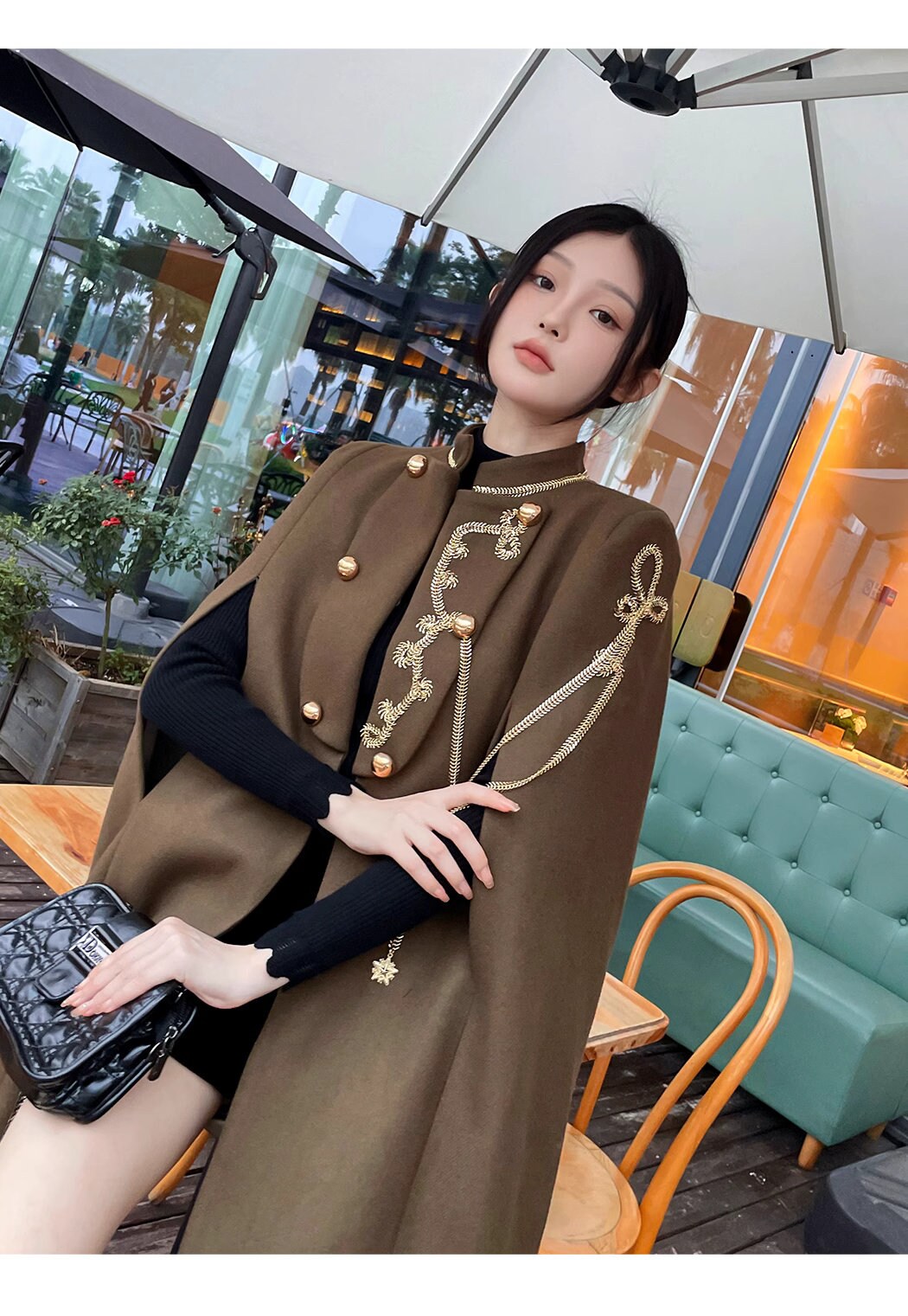 Brown thick version cape coat with golden decorations, designer woman long coat smart casual formal England style Christmas wedding prom