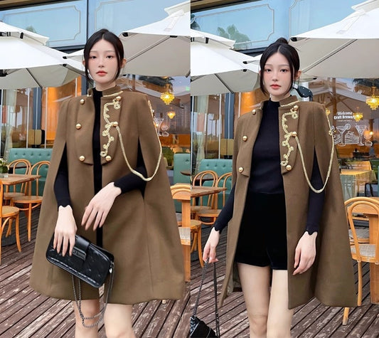 Brown thick version cape coat with golden decorations, designer woman long coat smart casual formal England style Christmas wedding prom