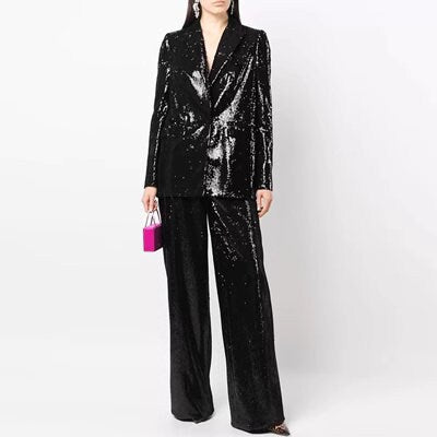 Pink/ Black/ White Sequin Shiny Pant Suit, Designer Woman bling bling Suit Jacket + Pant Set Casual/ Formal/ Wedding suit set