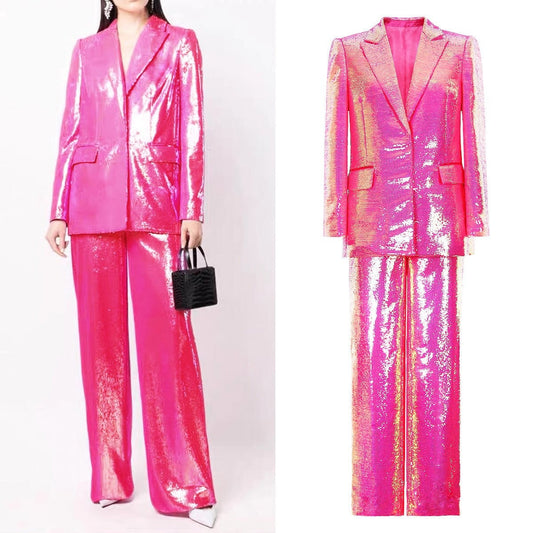 Pink/ Black/ White Sequin Shiny Pant Suit, Designer Woman bling bling Suit Jacket + Pant Set Casual/ Formal/ Wedding suit set