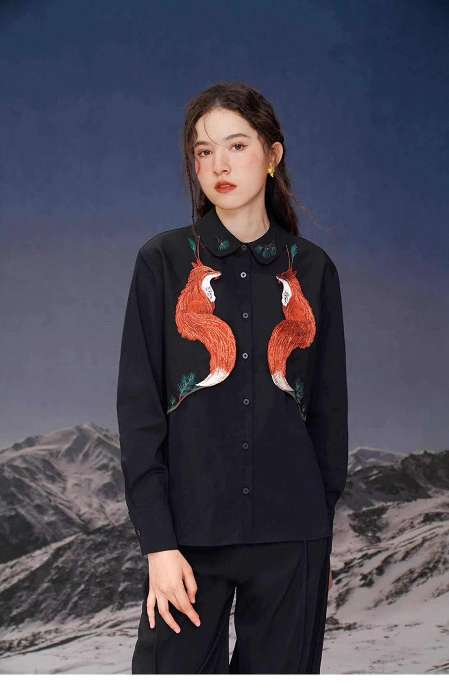 Wolf embroidery shirt, designer creative button shirt long sleeve retro top formal smart casual office wedding prom party gift