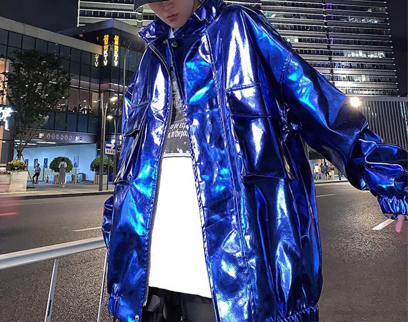 Glossy finish woman jacket with hood, designer shiny Korean style dance hip hop jacket casual street wear jacket different color plus size