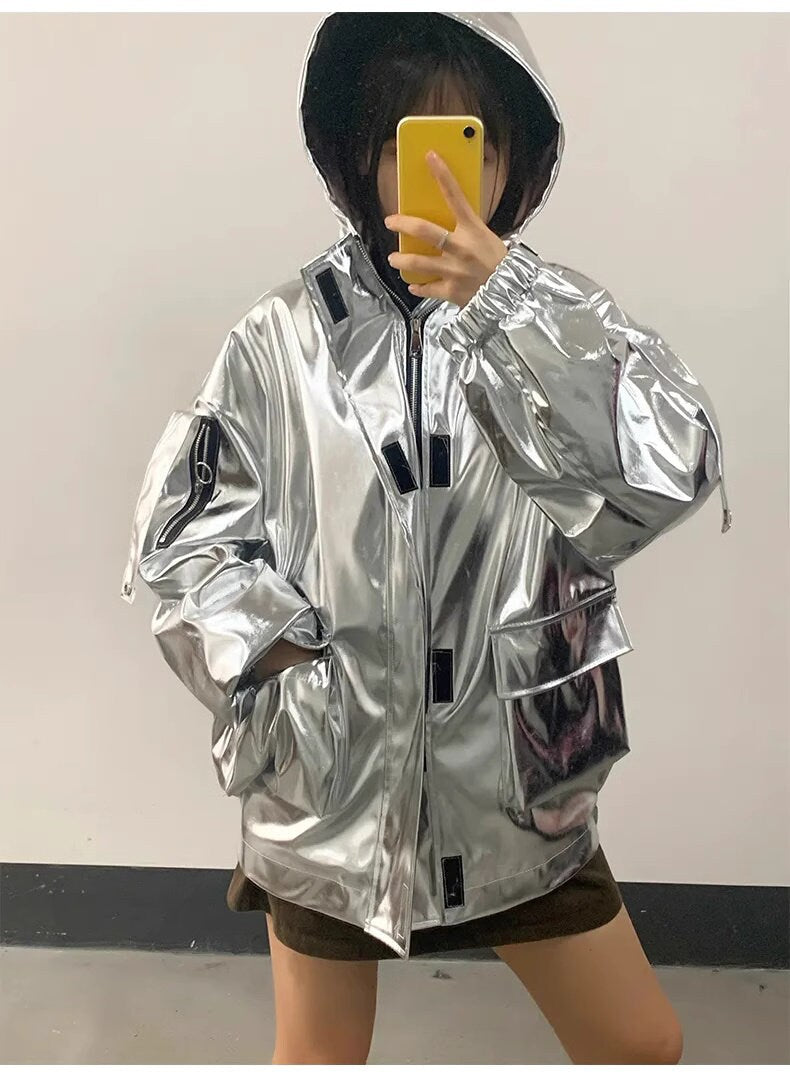 Glossy finish woman jacket with hood, designer shiny Korean style dance hip hop jacket casual street wear jacket different color plus size