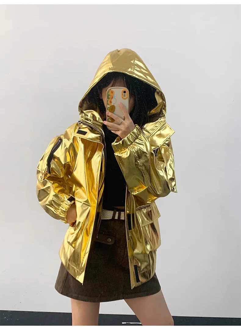 Glossy finish woman jacket with hood, designer shiny Korean style dance hip hop jacket casual street wear jacket different color plus size