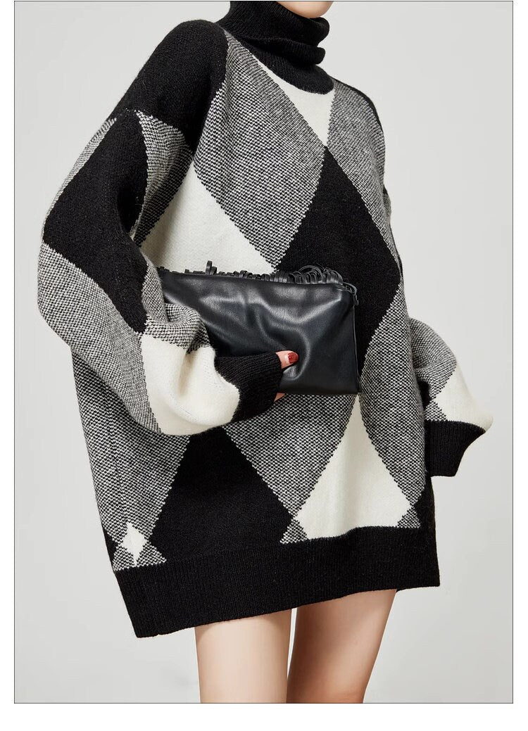 Checkered black & white loose fit sweater, designer woman knit sweater mock neck long sweater smart casual formal sweater office school