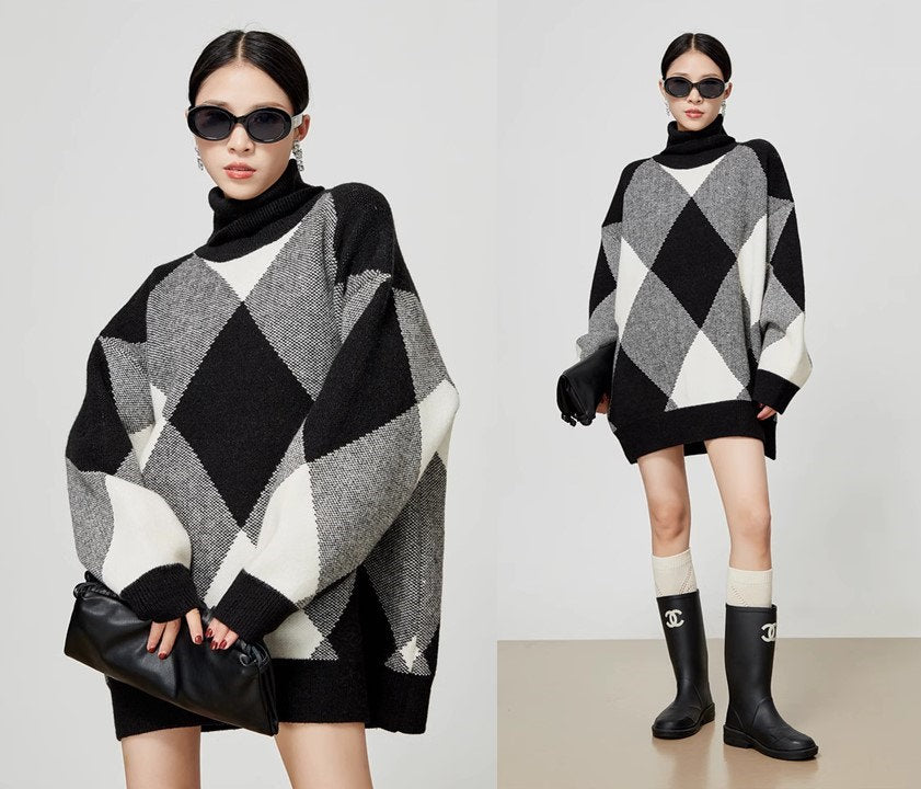 Checkered black & white loose fit sweater, designer woman knit sweater mock neck long sweater smart casual formal sweater office school