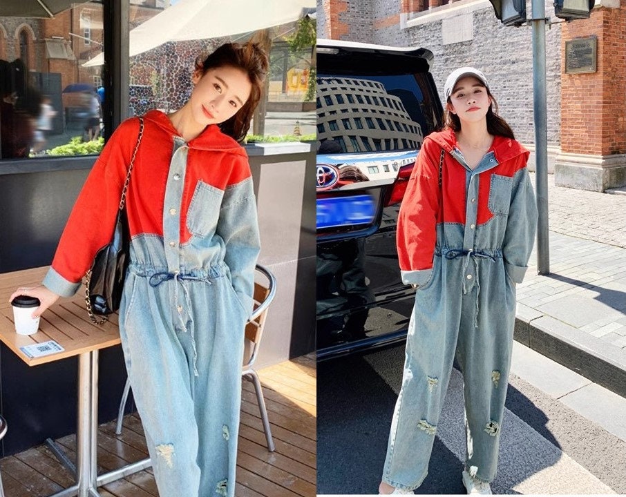 Denim patchwork Jumpsuit with hood, Woman Unique Rompers Street Smart Casual High Rise Overalls Holiday Playsuit Outdoors Wedding Party Gift