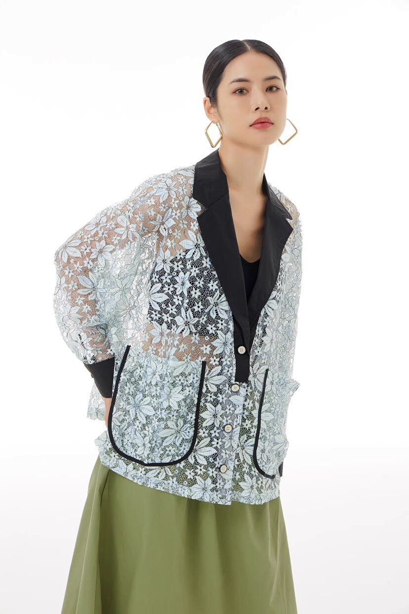 Beautiful lace pattern patchwork blazer, designer woman parka vintage jacket floral pattern jacket smart casual wear party event jacket