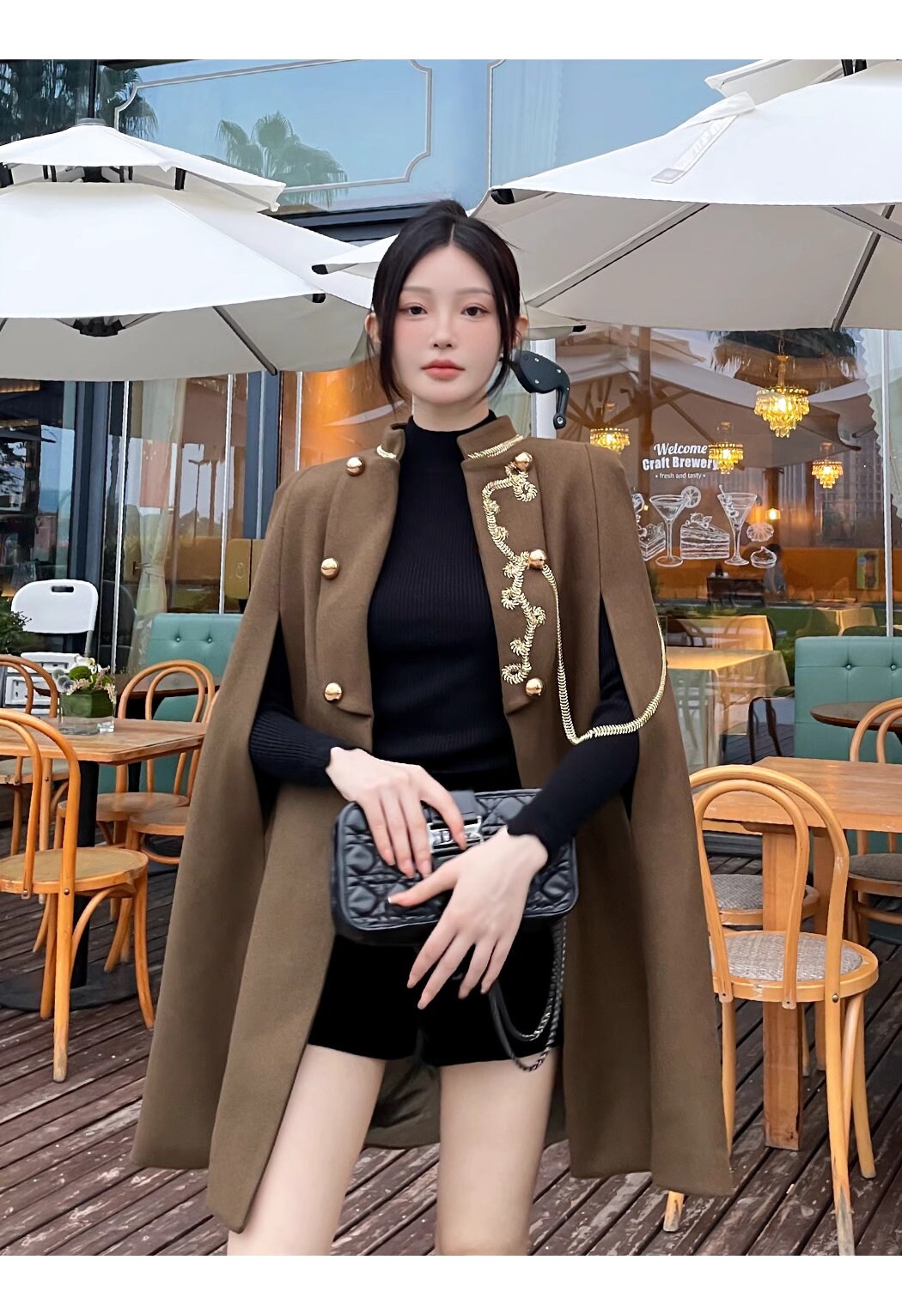 Brown thick version cape coat with golden decorations, designer woman long coat smart casual formal England style Christmas wedding prom