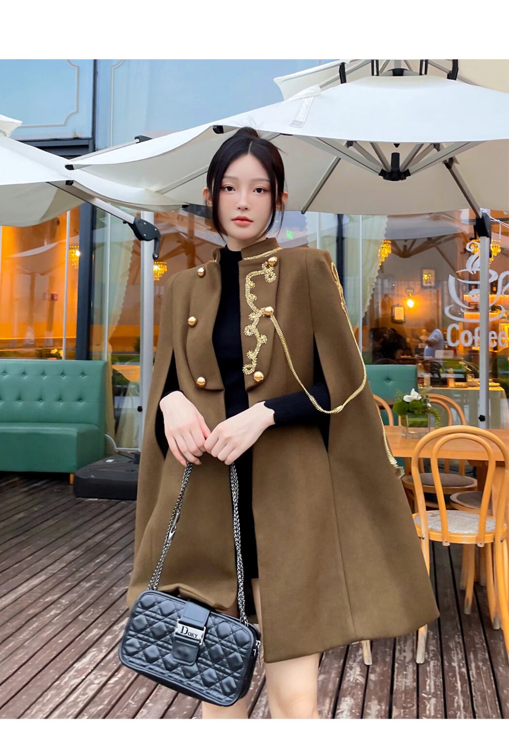 Brown thick version cape coat with golden decorations, designer woman long coat smart casual formal England style Christmas wedding prom