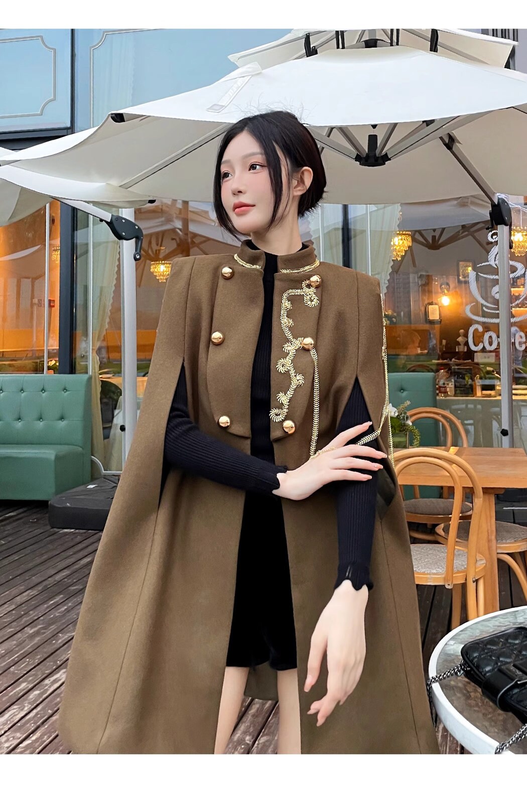 Brown thick version cape coat with golden decorations, designer woman long coat smart casual formal England style Christmas wedding prom