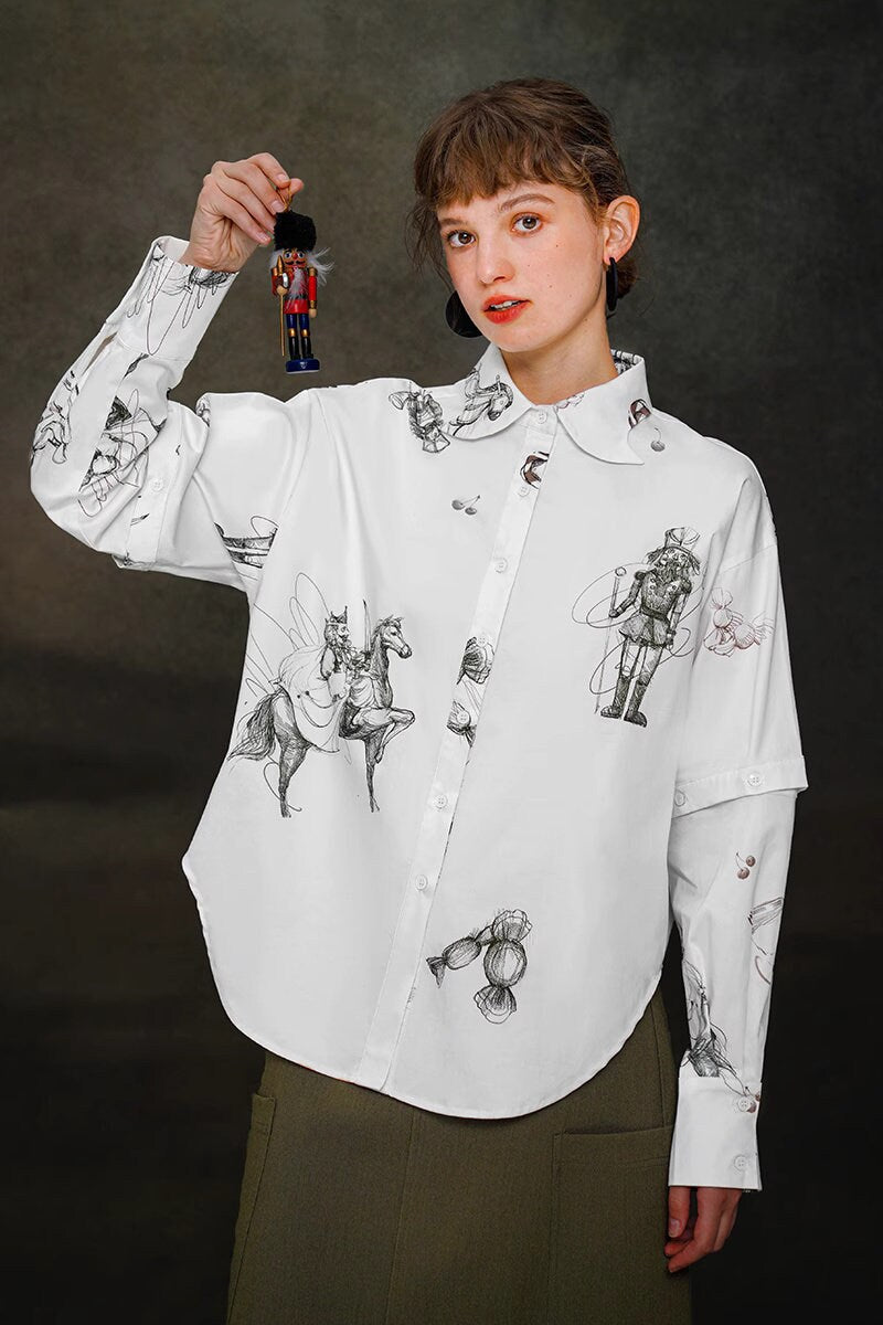 Nutcracker graphics blouse detachable sleeves, Designer Women long sleeve artistic shirt Smart Causal/ Formal/ Party Event/ Prom Wedding