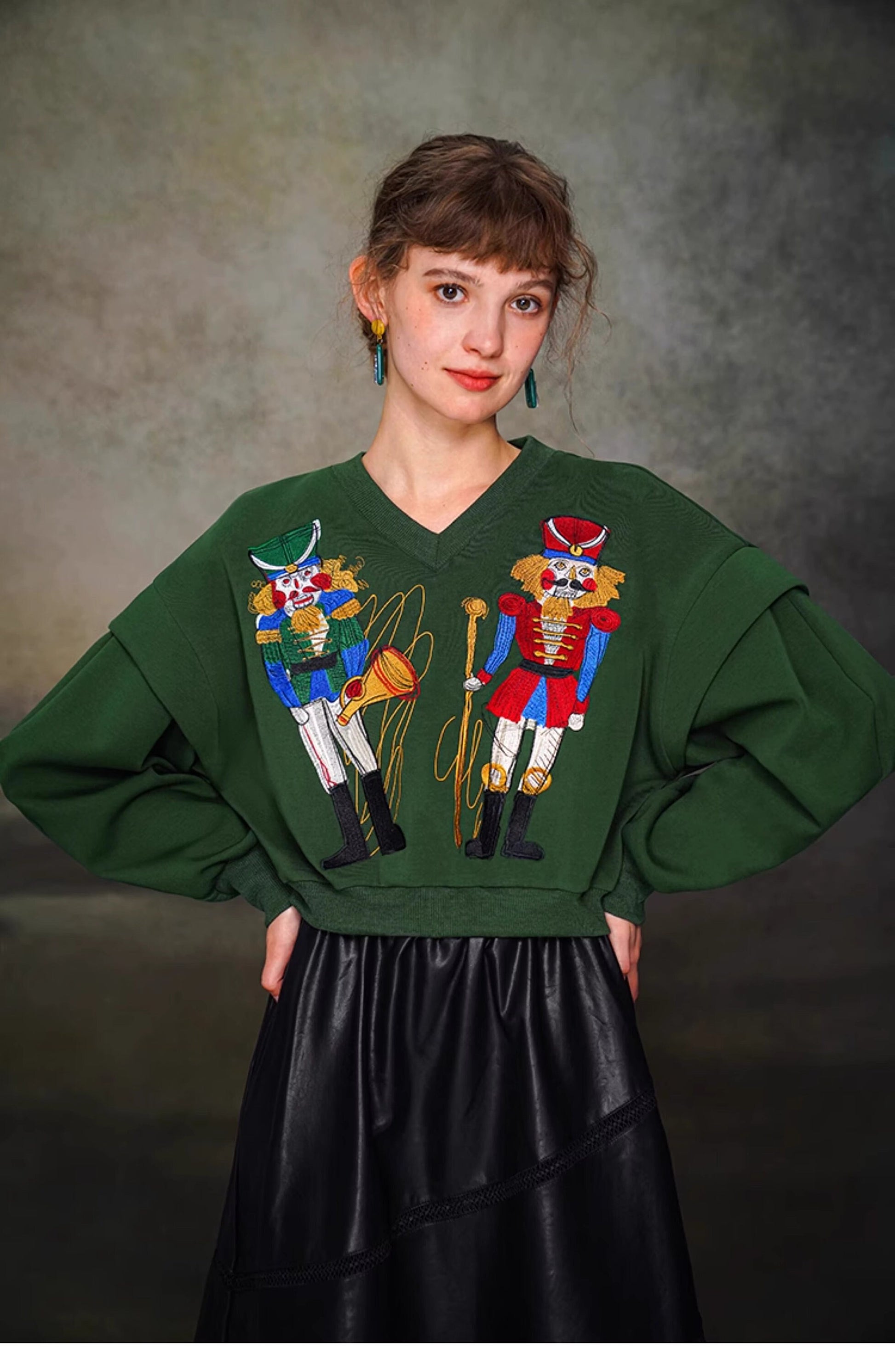 Artistic sweater with nutcrackers embroidery v neck designer woman sweater smart casual formal office party all seasons gift