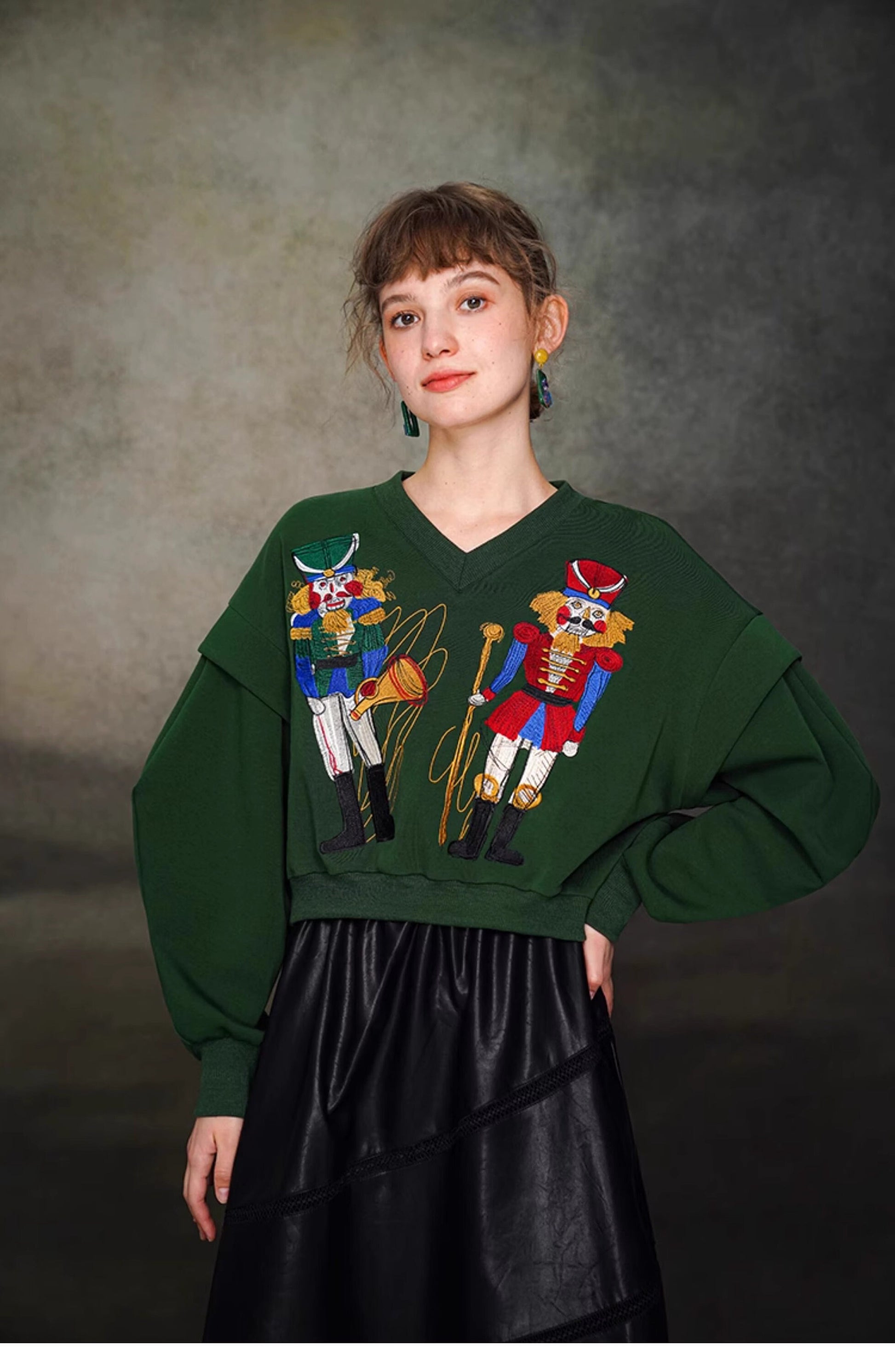 Artistic sweater with nutcrackers embroidery v neck designer woman sweater smart casual formal office party all seasons gift