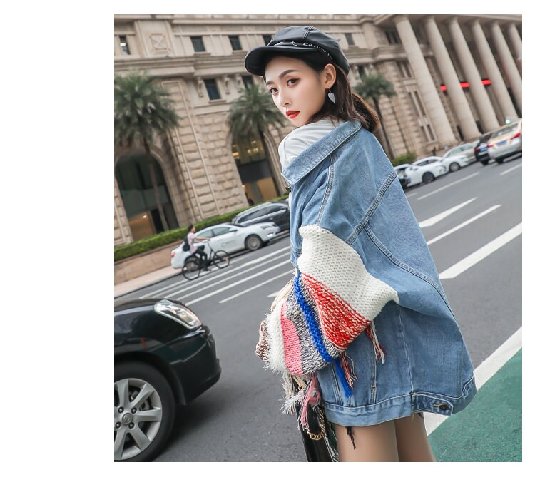 Colorful fringed sleeves denim jacket, designer woman casual street wear jacket smart casual party outdoors everyday jacket knit wear jacket