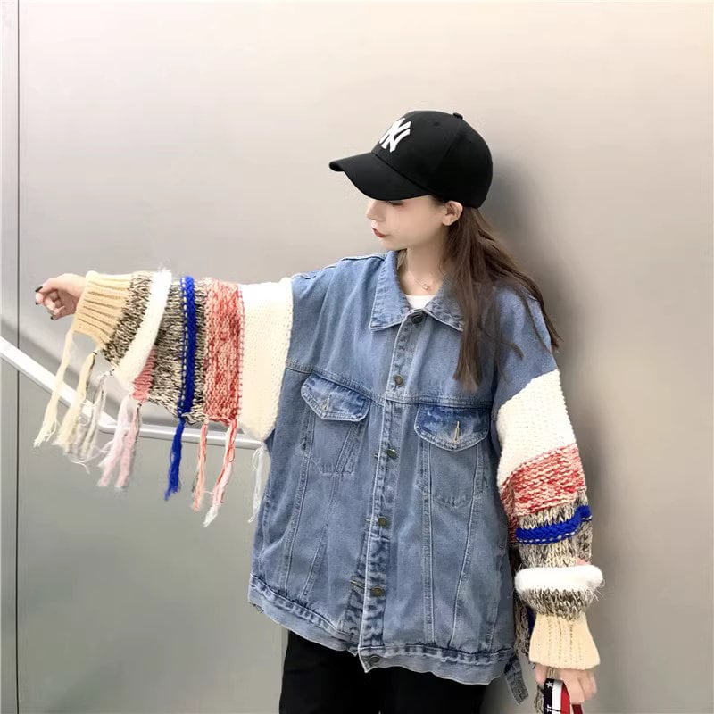 Colorful fringed sleeves denim jacket, designer woman casual street wear jacket smart casual party outdoors everyday jacket knit wear jacket