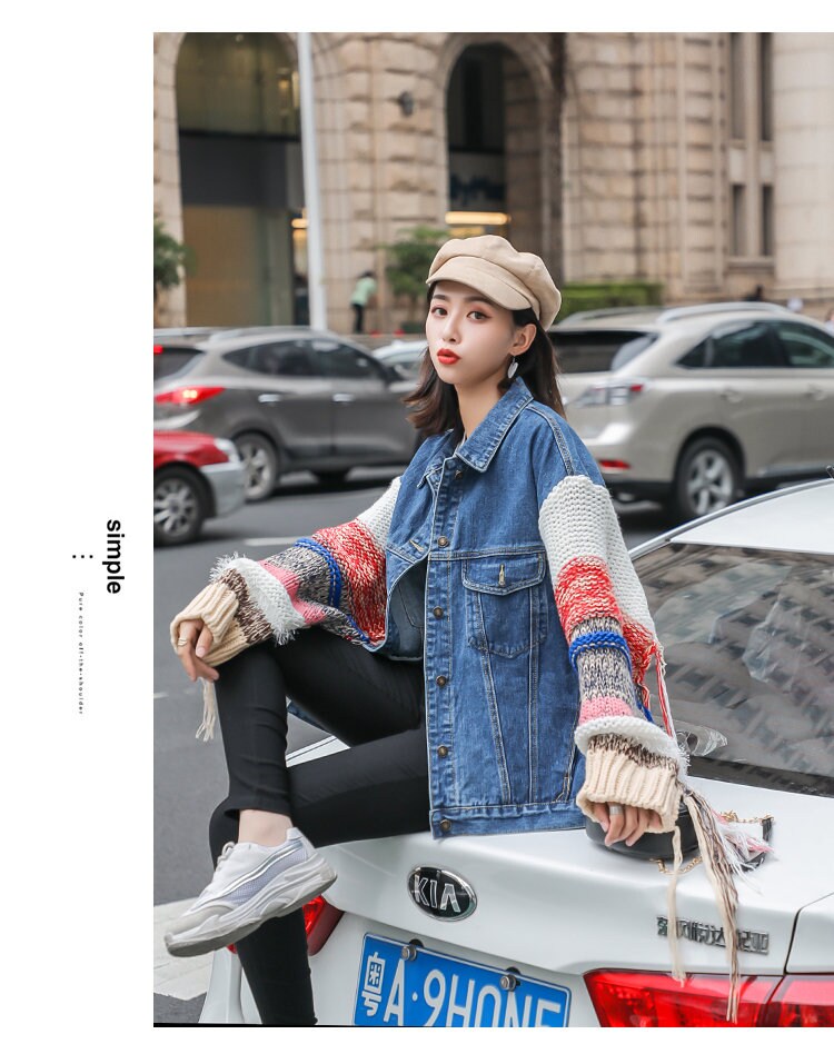 Colorful fringed sleeves denim jacket, designer woman casual street wear jacket smart casual party outdoors everyday jacket knit wear jacket