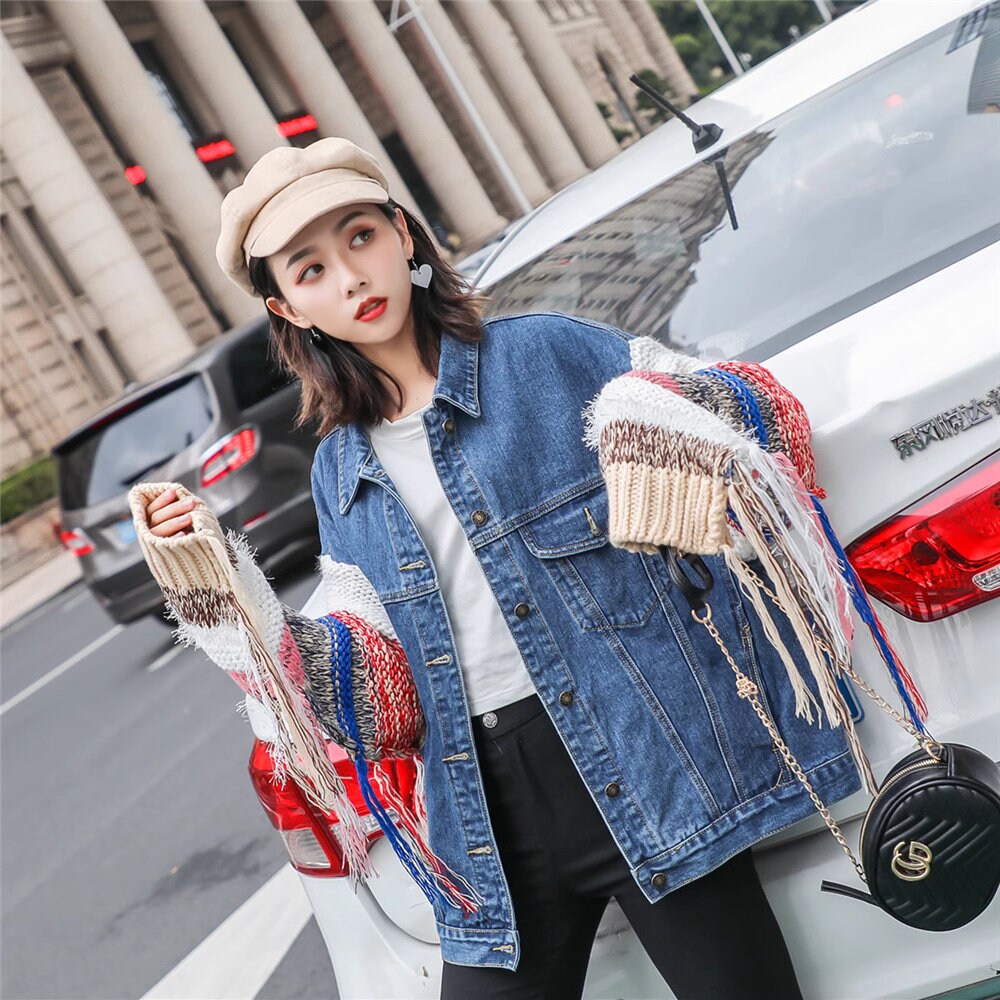 Colorful fringed sleeves denim jacket, designer woman casual street wear jacket smart casual party outdoors everyday jacket knit wear jacket