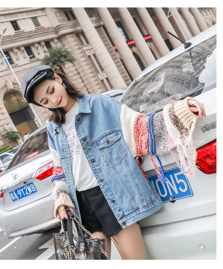 Colorful fringed sleeves denim jacket, designer woman casual street wear jacket smart casual party outdoors everyday jacket knit wear jacket