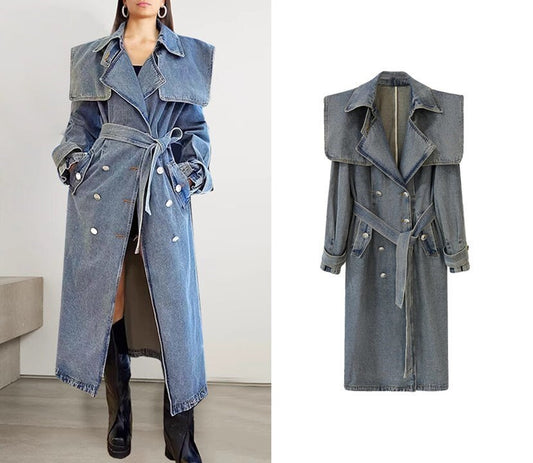 Denim wide shoulder trench coat, designer woman fashion coat modern street wear coat casual long coat outdoors office party event functions