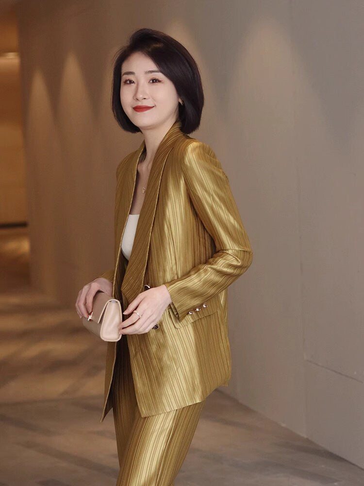 Golden acetate pantsuits, designer woman thin layer suit set formal blazer + pants suit slim cut wedding party office event party