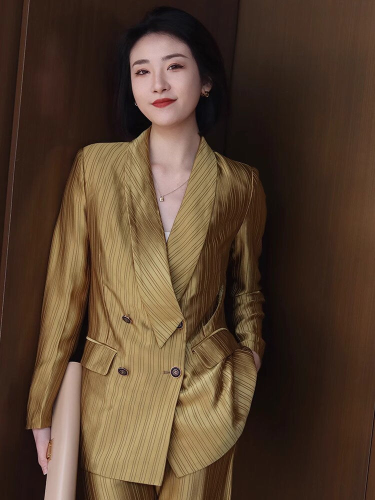 Golden acetate pantsuits, designer woman thin layer suit set formal blazer + pants suit slim cut wedding party office event party