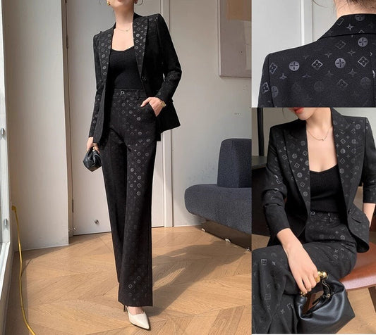 Black subtle pattern pantsuit, designer woman deluxe suit set slim cut blazer + pants suit formal office party event suit