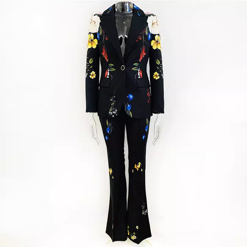 Floral print pantsuit, designer woman slight boot legs pants + blazer formal suit set for party wedding office event tuxedo suit