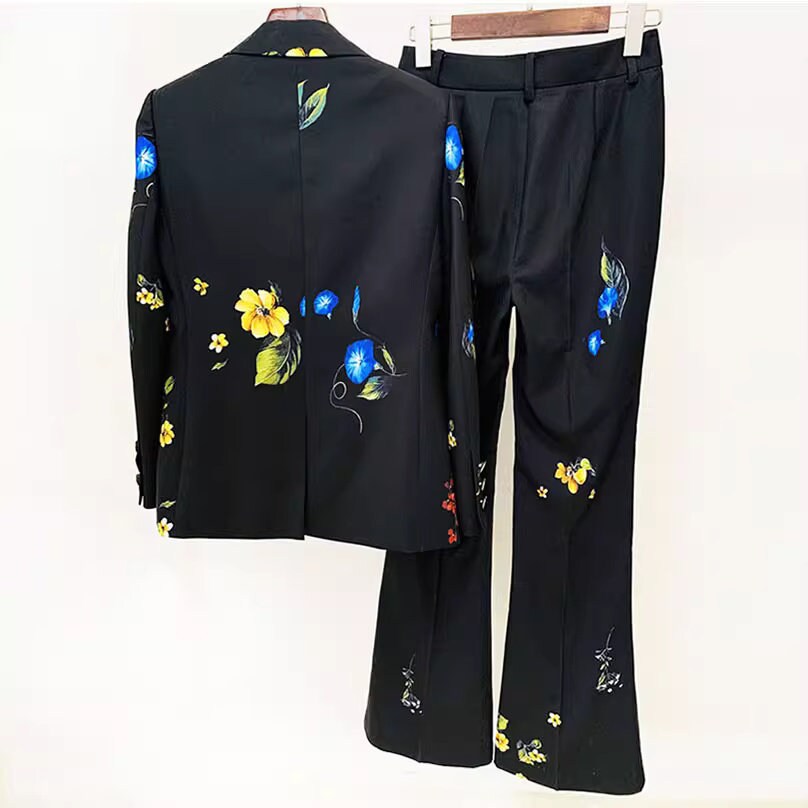 Floral print pantsuit, designer woman slight boot legs pants + blazer formal suit set for party wedding office event tuxedo suit