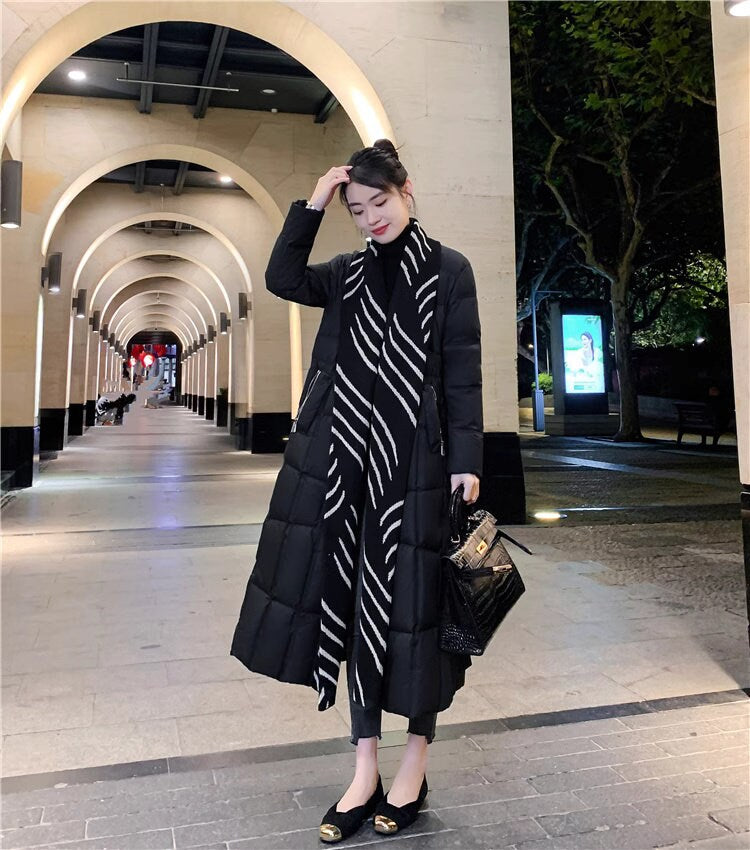 Black down filled long jacket, designer woman puffer cropped coat pattern collar winter long coat outdoors wear party wedding trench coat