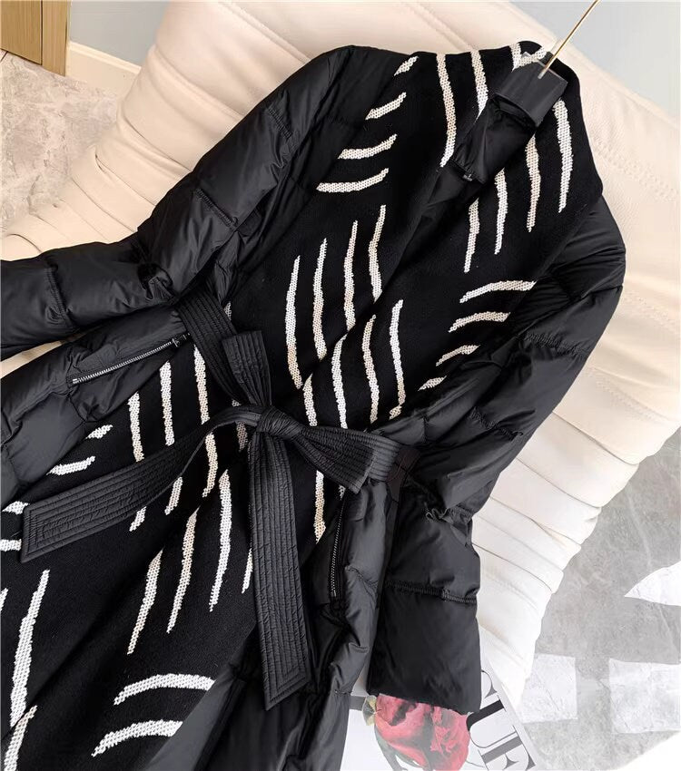 Black down filled long jacket, designer woman puffer cropped coat pattern collar winter long coat outdoors wear party wedding trench coat