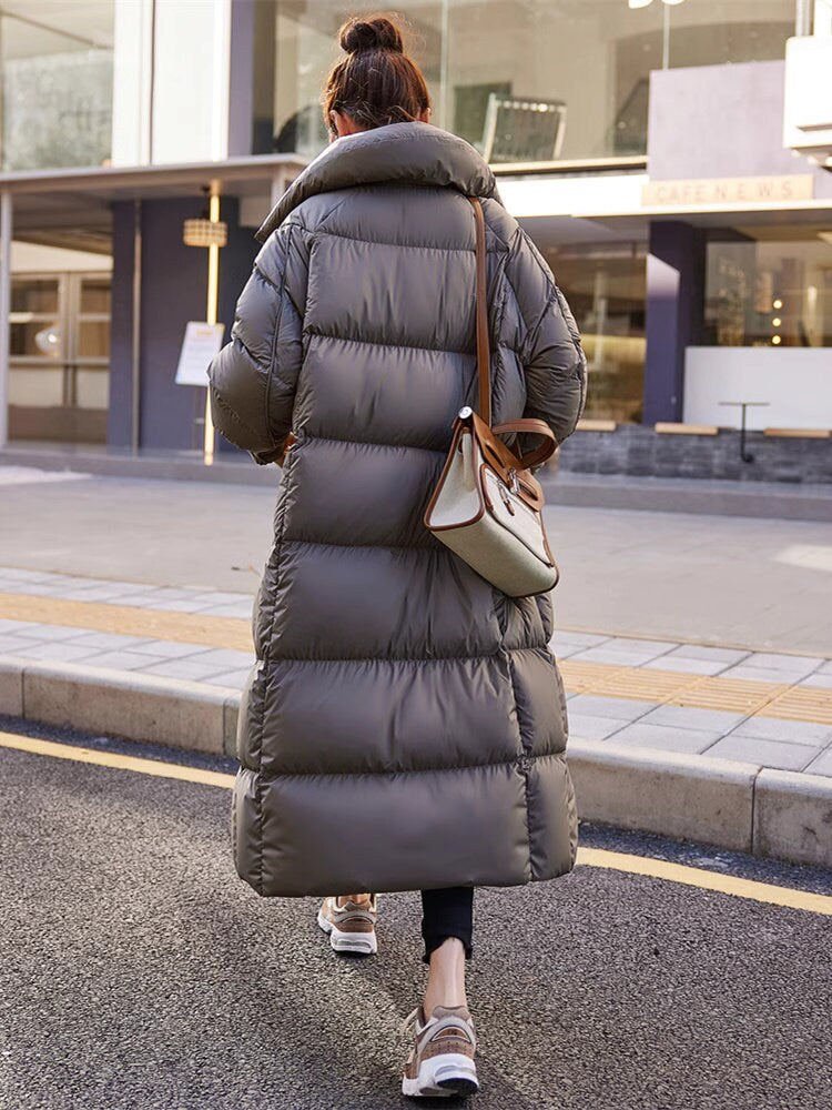 Black/ brown/ white down filled long jacket, designer woman puffer cropped coat magnet button winter long coat outdoors wear trench coat