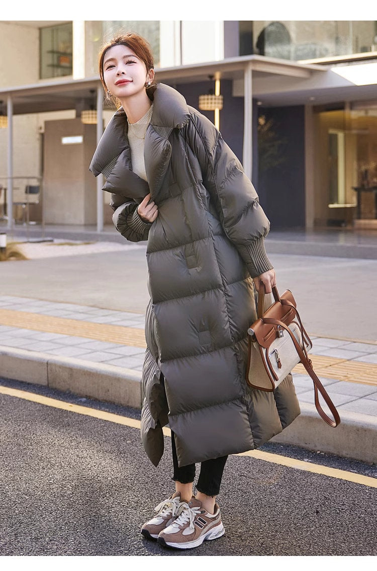 Black/ brown/ white down filled long jacket, designer woman puffer cropped coat magnet button winter long coat outdoors wear trench coat